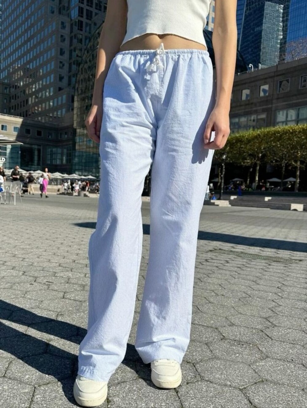 Brandy Melville Nanda Blue White Stripe Cotton Linen Low Rise Straight Leg Pants - Picture 2 of 8